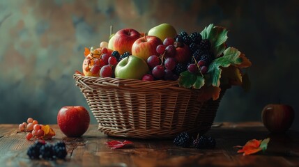 Naklejka premium Fresh Fruit in Wicker Basket, Close Up Display