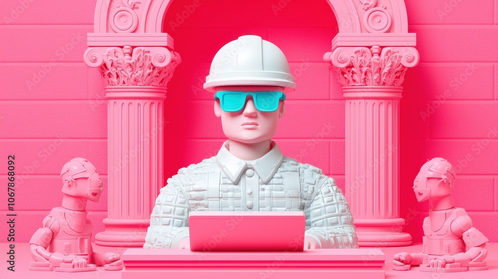 Poster engineer with tablet and robots in pink classical setting