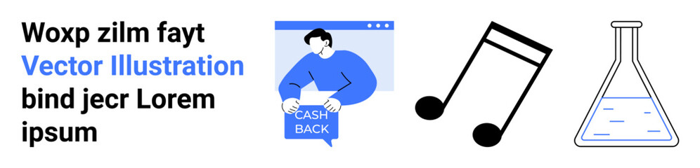 Man showing cashback, large music note, and filled chemical flask. Ideal for e-commerce, digital media, music, education, science, experiments, and marketing campaigns. Landing page