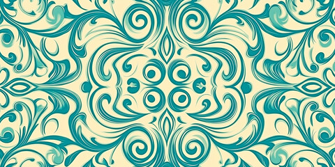 Teal blue abstract swirls creating a seamless floral damask pattern
