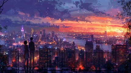 Obraz premium A couple stands on a rooftop terrace, gazing at the city skyline as it sparkles with lights. The hum of traffic below is distant, and they enjoy the quiet, elevated view of the bustling metropolis