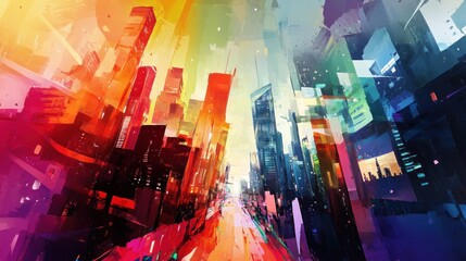 Fototapeta premium A vibrant, futuristic cityscape with tall buildings in a rainbow color scheme.