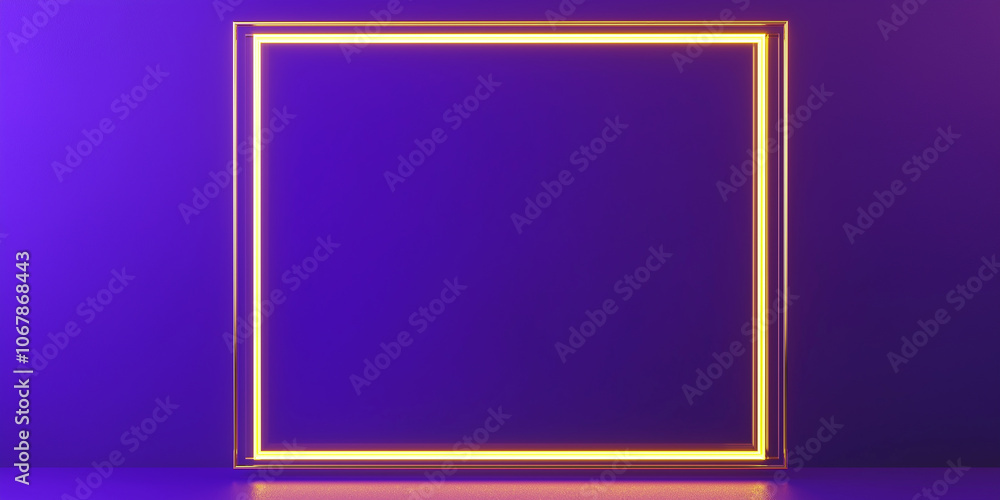 Poster glowing neon square frame on purple background illuminating empty space