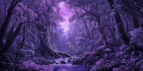 Magical purple forest with creek flowing under moonlight