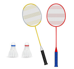 Set illustration of two badminton rackets, one with a yellow frame and the other with a red frame, accompanied by two shuttlecocks with blue and red bands. Ideal for illustrating badminton equipment