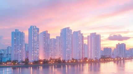 Fototapeta premium Modern Apartment Buildings at Sunset with Pink Sky and Water Reflection