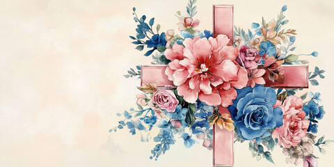 Pink cross adorned with vibrant flowers symbolizing faith and hope