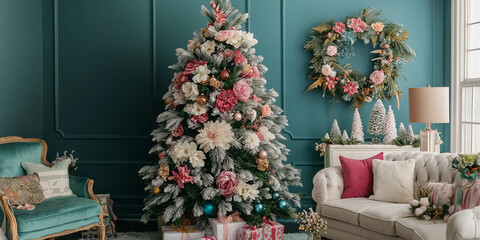 Obraz premium Christmas tree decorated with flowers standing in elegant living room