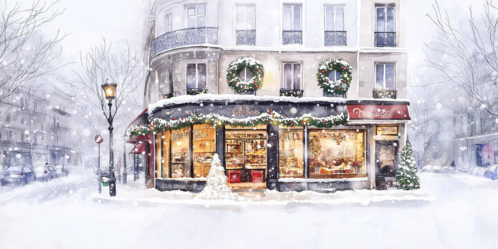 Parisian christmas shop during snowfall with festive decorations