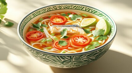 Vibrant Vietnamese Noodle Soup Bowl with Fresh Ingredients