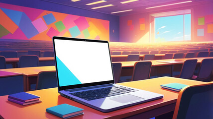 A modern laptop sits open on a desk in a sunlit, empty classroom. The scene reflects themes of education, technology, and innovation in a learning environment.