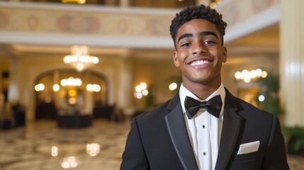 A young man in a sharp tuxedo radiates confidence, standing in an elegantly lit hall with grand chandeliers in the background.