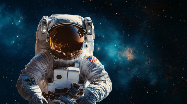 A background of space, stars, nebulas, and planets and an astronut.