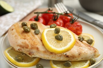 Delicious cooked chicken fillet with capers, tomatoes and lemon on table, closeup