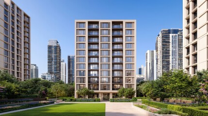 Modern Apartment Building with Green Garden and City Skyline