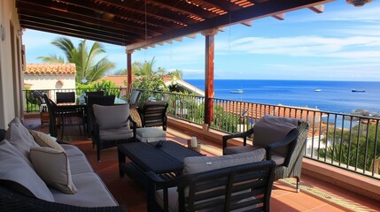 Fototapeta premium Top Floor Outdoor Terrace - a serene and inviting space. The terrace offers a perfect blend of comfort and elegance, ideal for relaxation and enjoyment.