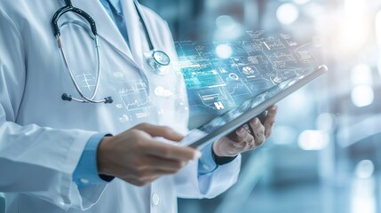 A healthcare professional holds a digital tablet, surrounded by technological graphics, symbolizing innovation in medical data management.
