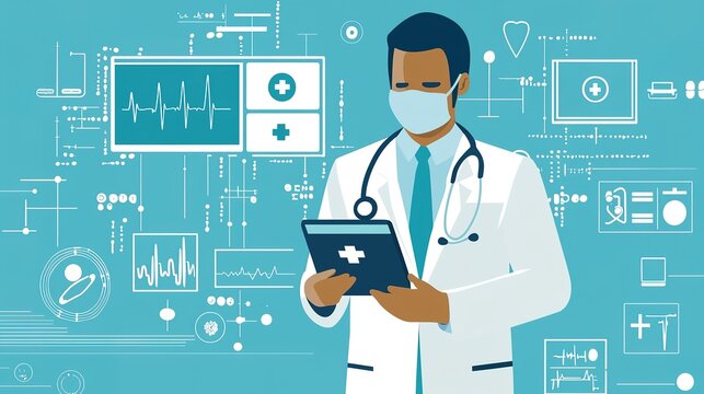 A healthcare professional in a white coat and face mask holding a tablet, surrounded by medical data visualizations and symbols.
