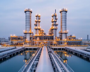 Obraz premium An industrial facility with towering structures and pipelines, illuminated against a twilight sky, showcasing its operational complexity and engineering.