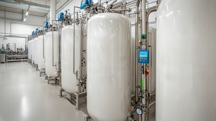 Industrial storage tanks lined in a clean facility, featuring piping and control panels for monitoring and processing.