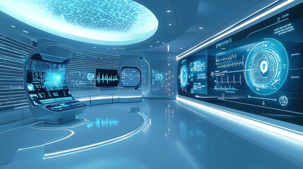 A futuristic, high-tech room featuring glowing screens and advanced displays, emphasizing a sleek, digital environment in blue hues.