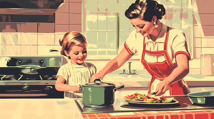 kitchen scene. happy mother and child cooking a meal. vintage style illustration good for poster, wallpaper, promotion. made with generative ai. Vintage. Illustration