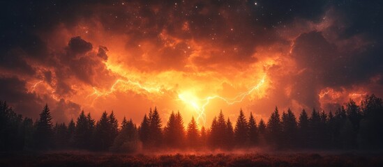 Obraz premium A dramatic fiery sky with lightning strikes over a silhouetted forest.