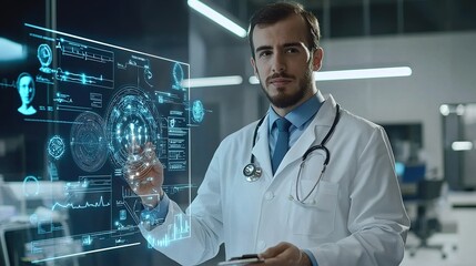 A doctor analyzes digital health data in a modern lab, showcasing advanced technology and medical expertise.
