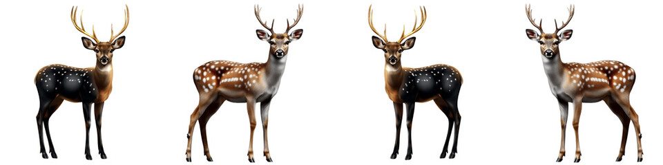 Four deer standing in a row, one of which has a black spot on its head