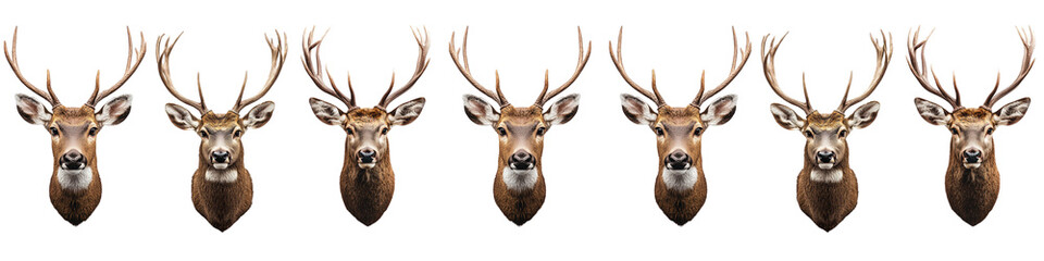A row of deer with antlers are shown in a row