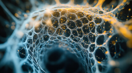 Dewdrop Spiderweb: Quantum Network, Macro Photography, Abstract Art, Nature, Technology