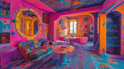 Fototapeta premium Psychedelic Interior: Vibrant Surreal Living Room