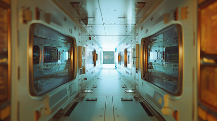 Futuristic Spacecraft Corridor: Sci-Fi Interior, 3D Render, Teal and Orange Hues
