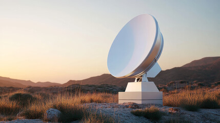 Desert Satellite Dish: 3D Rendered Sunset Landscape