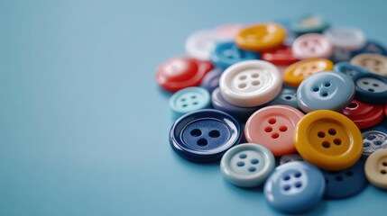 A delightful assortment of vibrant buttons artfully arranged on a pastel blue background, each showcasing unique colors and textures.