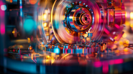Fototapeta premium Quantum Computer Assembly: Intricate Gears, Vibrant Colors, Macro Photography