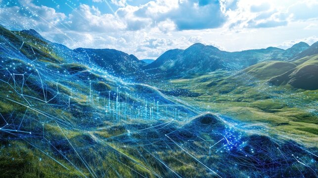 A beautiful landscape of rolling hills with a digital network overlay.