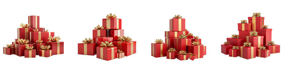 Obraz premium Four stacks of red boxes with gold ribbons