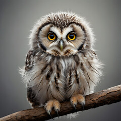 Obraz premium image of a fluffy baby owl, perched on a branch with a soft gray background