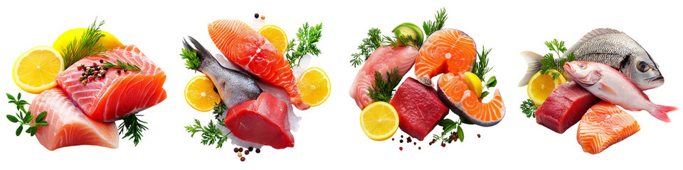 A close up of four different types of fish and seafood