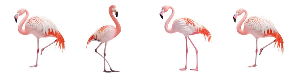 Fototapeta premium Four flamingos standing in a row, each with a different pose