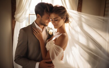 A bride and groom are embracing each other in a wedding ceremony