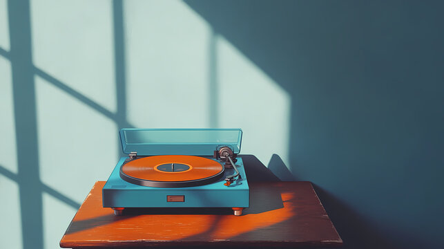 A vintage blue record player with an orange record on a wooden table against a blue wall with a spotlight on the record player. Vintage. Illustration