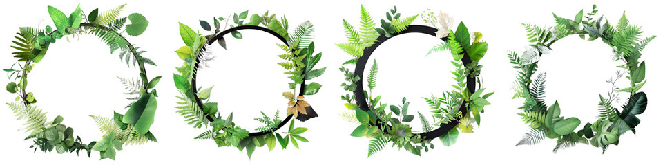 Fototapeta premium Four wreaths of green leaves are arranged in a row