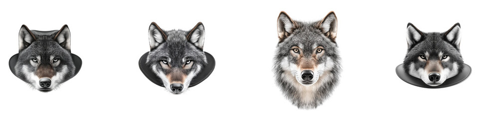 Fototapeta premium Four wolf faces are shown in a row, with the first one being the smallest