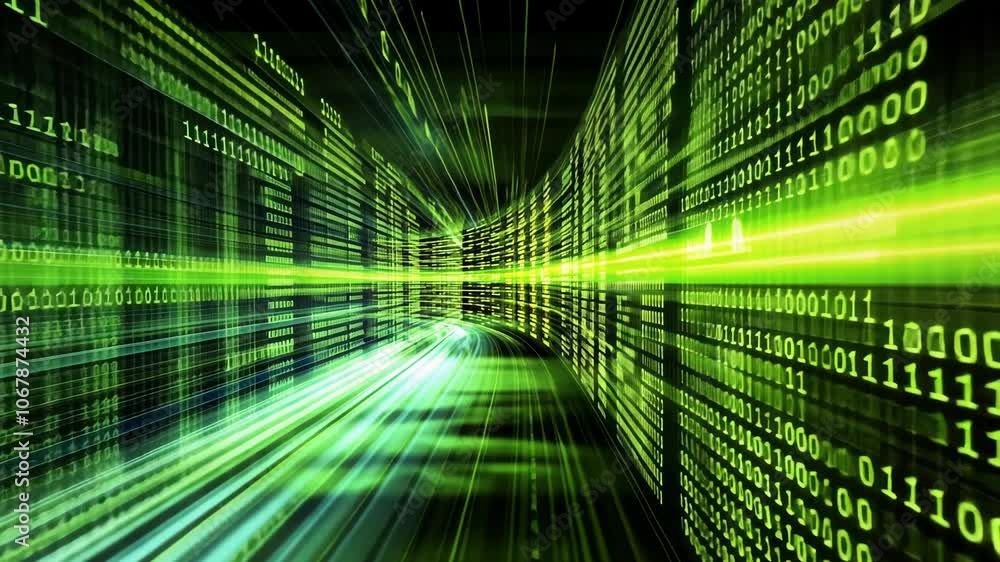 Aufkleber a digital tunnel made of green binary code, showcasing the speed of data transfer and the vastness o