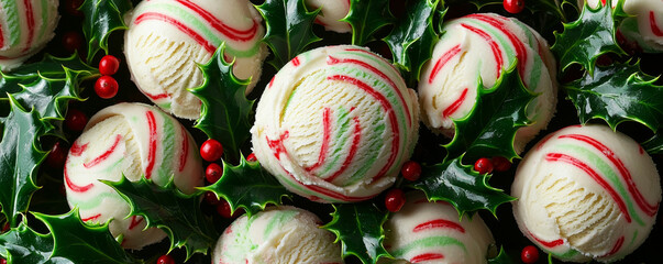 Obraz premium Delightful ice cream scoops in peppermint swirls, surrounded by festive holly leaves and red berries, create joyful holiday treat