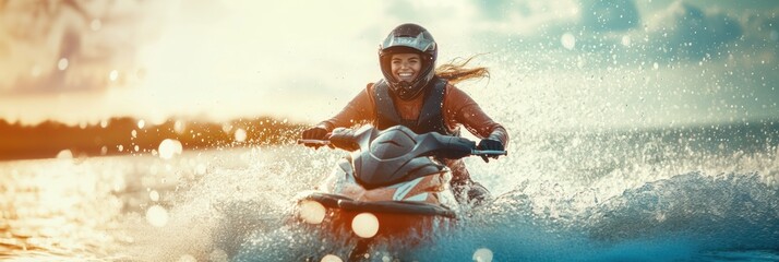 Jetski in water. Summer tropical sports.