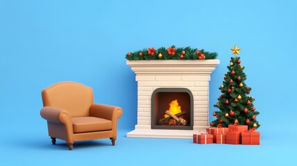 Fireplace, armchair and Christmas tree with gifts in 3D modeling style isolated on a blue background