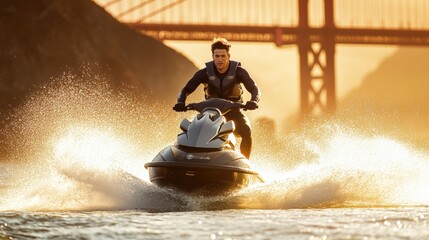 Jetski in water with background of golden gate bridge. Summer tropical sports.